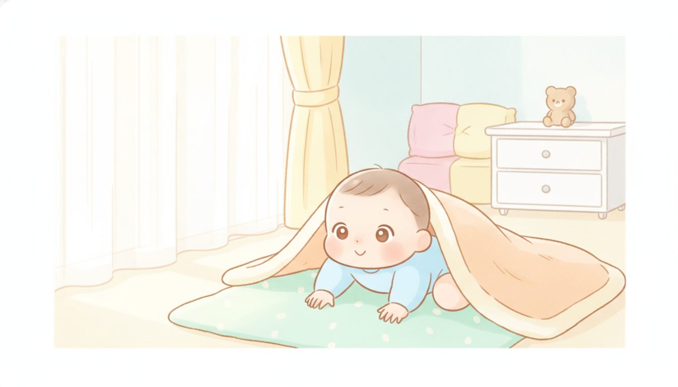 カーテン越しの朝日が差し込む寝室で、布団からハイハイで起き上がろうとする赤ちゃん