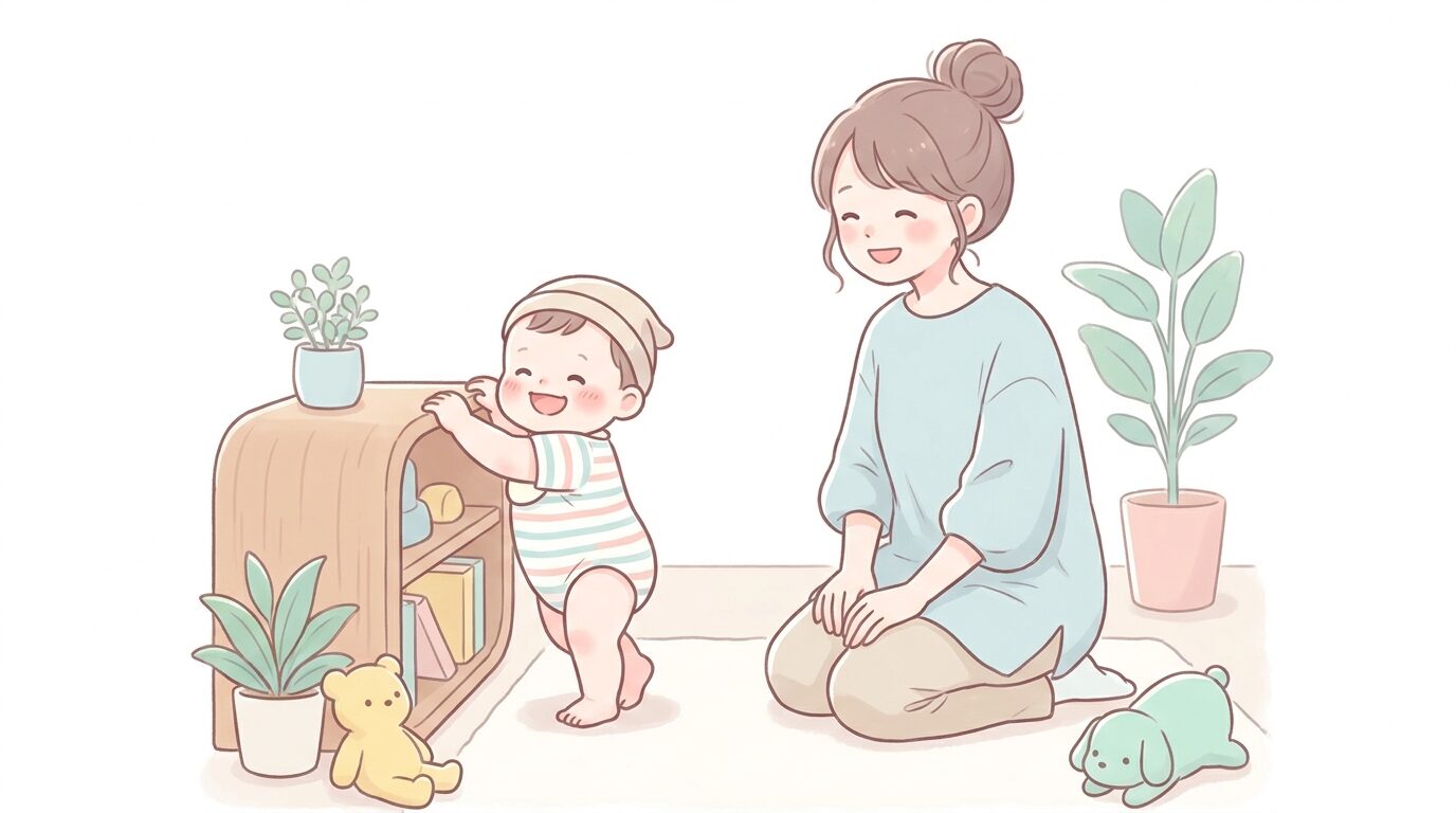 室内でつたい歩きをしながら笑顔を見せる生後11ヶ月の赤ちゃんと、それを優しく見守る母親
