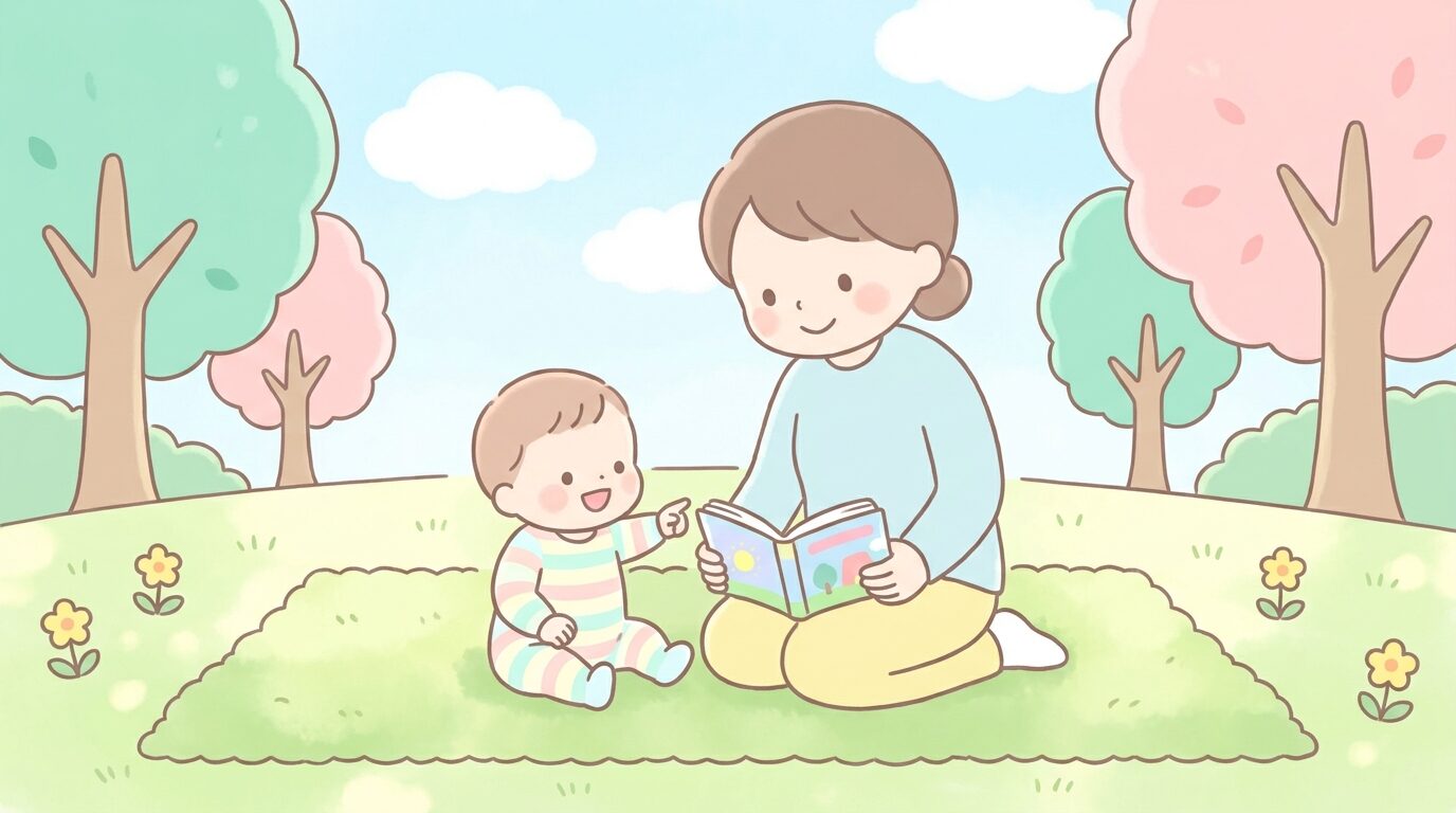 公園の芝生で親子が一緒に絵本を広げて楽しそうに過ごしている温かい雰囲気の風景