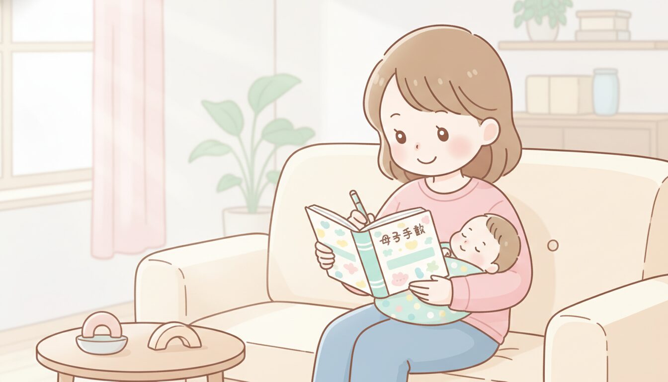やわらかい光が差し込むリビングで、母子手帳を開いて赤ちゃんの記録を書き込む笑顔のママ