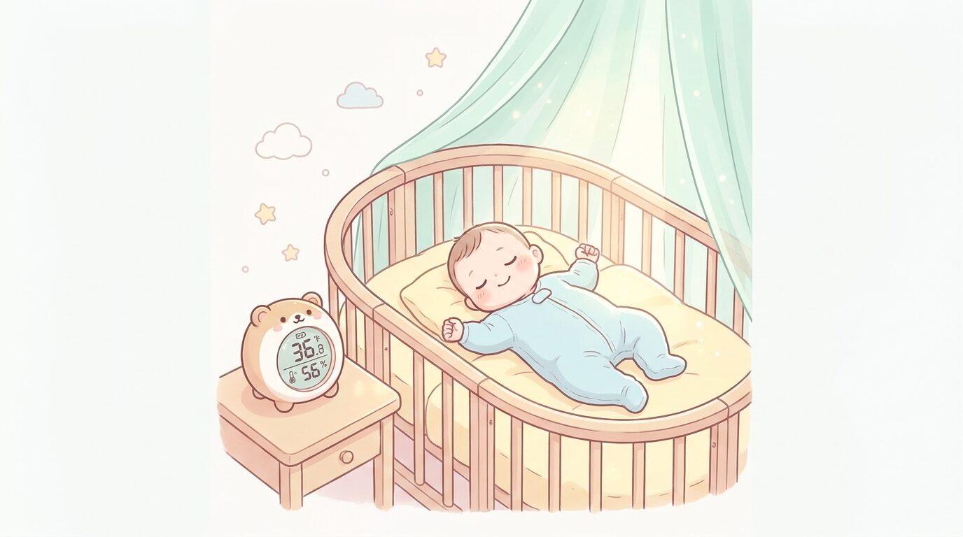 明るいベビーベッドですやすや眠る生後数ヶ月の赤ちゃんと、そばに置かれた温湿度計のある優しい雰囲気の寝室
