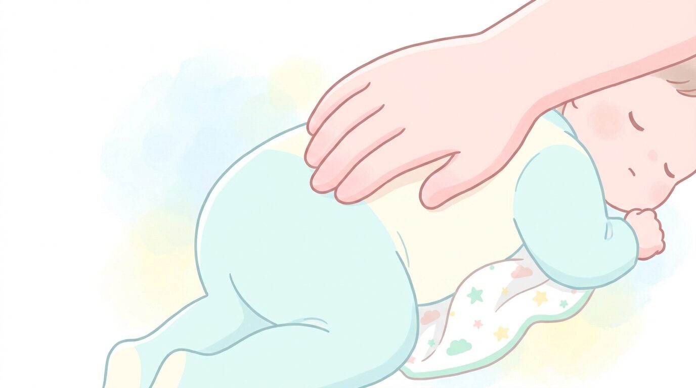 赤ちゃんの背中やおなかにそっと手を当てて体温を確認している母親の手元のクローズアップ