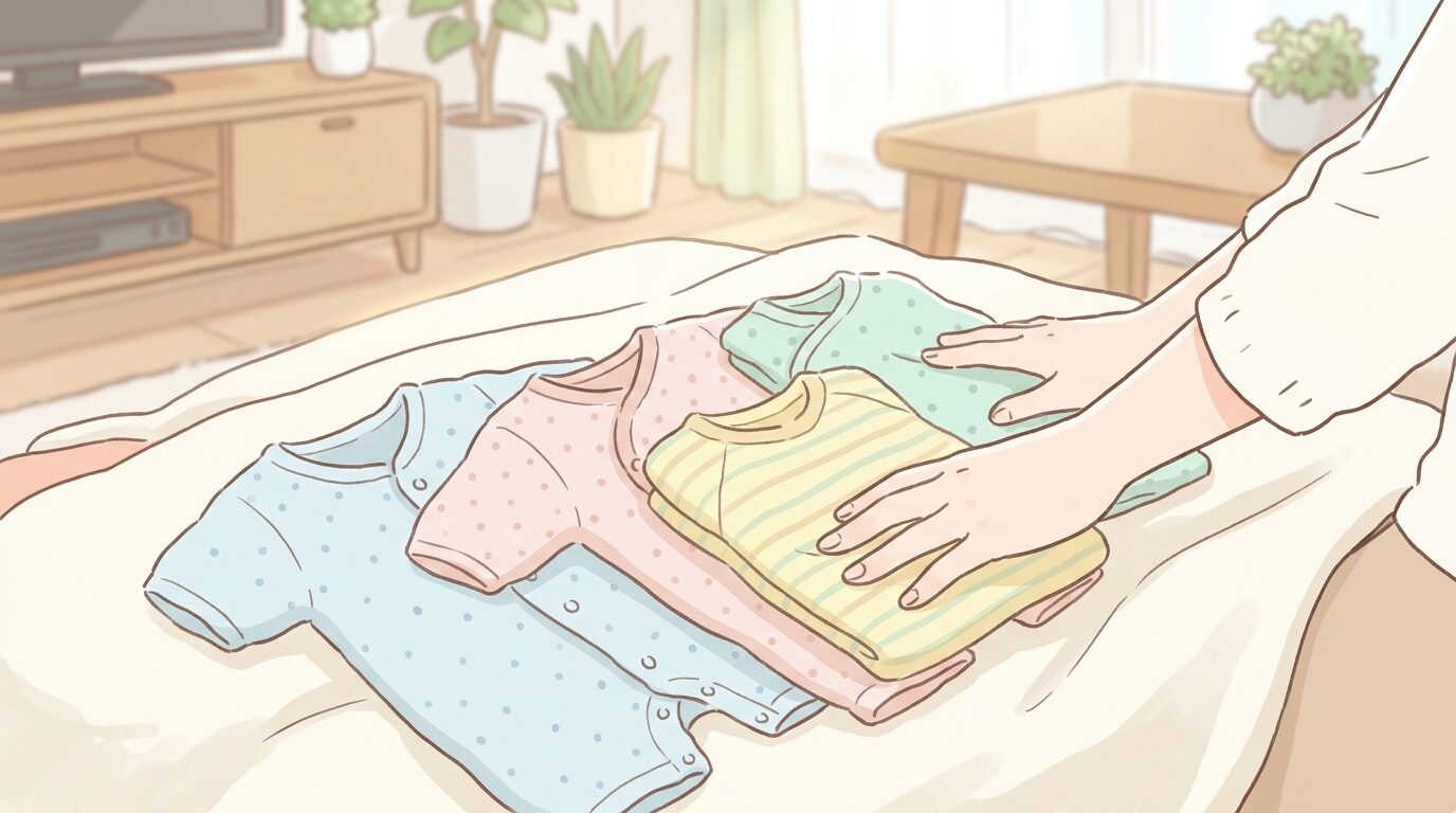 明るいリビングで色とりどりのロンパースを並べて選んでいる若いママの手元
