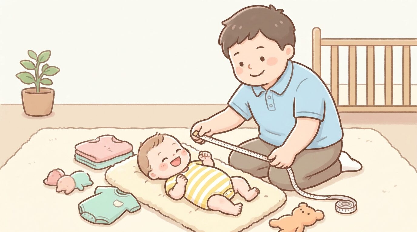 メジャーで赤ちゃんの身長を測りながらサイズを確認するパパとにこにこ笑う赤ちゃん