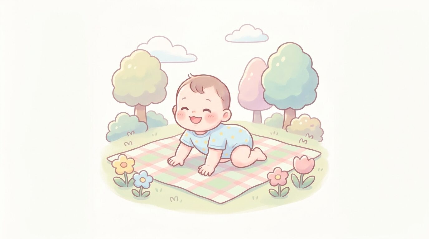 公園のレジャーシートの上で半袖ロンパースを着てハイハイする笑顔の赤ちゃん