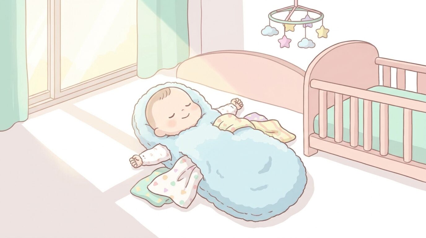 布団から手足をはみ出させてすやすや眠る生後数か月の赤ちゃんの全身、柔らかな朝の光が差し込む寝室