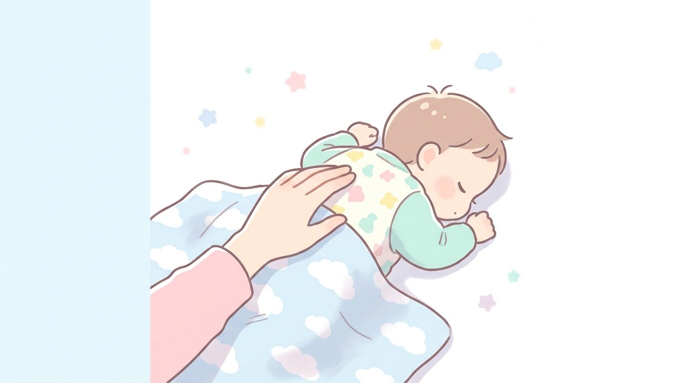 眠る赤ちゃんの背中にそっと手を入れて体温を確かめるお母さんの手元のクローズアップ