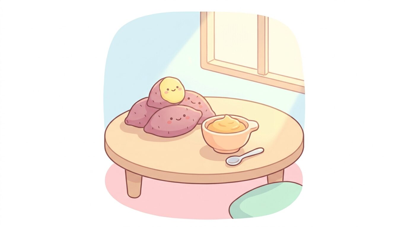 木のテーブルに並んださつまいもと、離乳食用の小さな器に入ったオレンジ色のさつまいもペースト、明るく温かい雰囲気