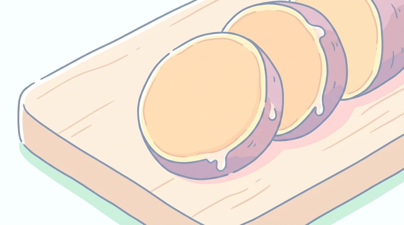 まな板の上で輪切りにされたさつまいもの断面と、皮の近くから出る白い液体（ヤラピン）のクローズアップ