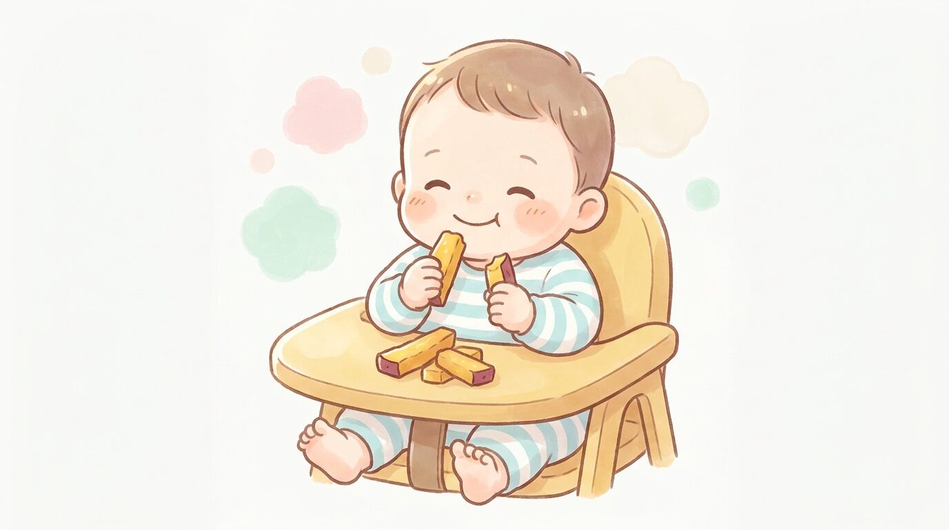 ハイチェアに座った赤ちゃんが、スティック状のさつまいもを手づかみで持って笑顔で食べている様子