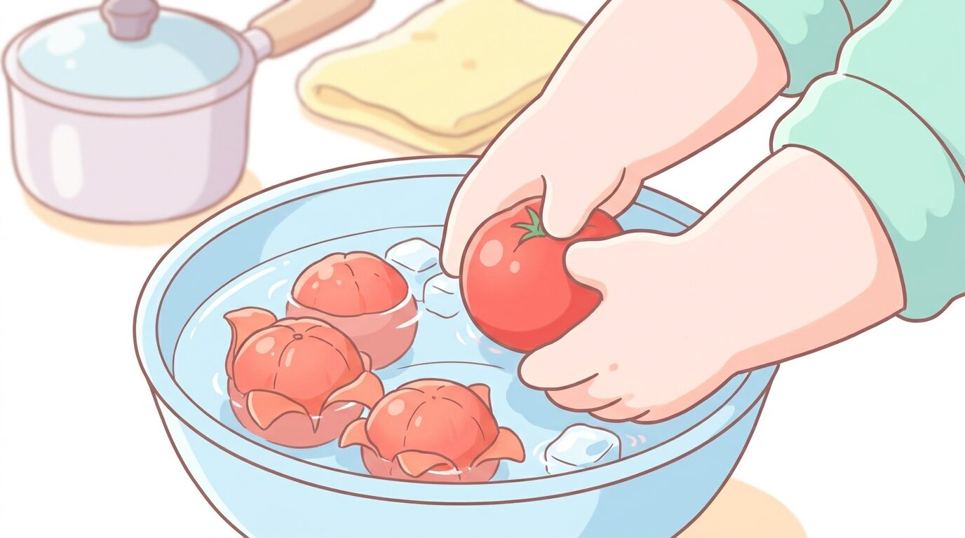 キッチンでトマトを湯むきする手元のアップ、ボウルの冷水につけられた皮がめくれたトマト