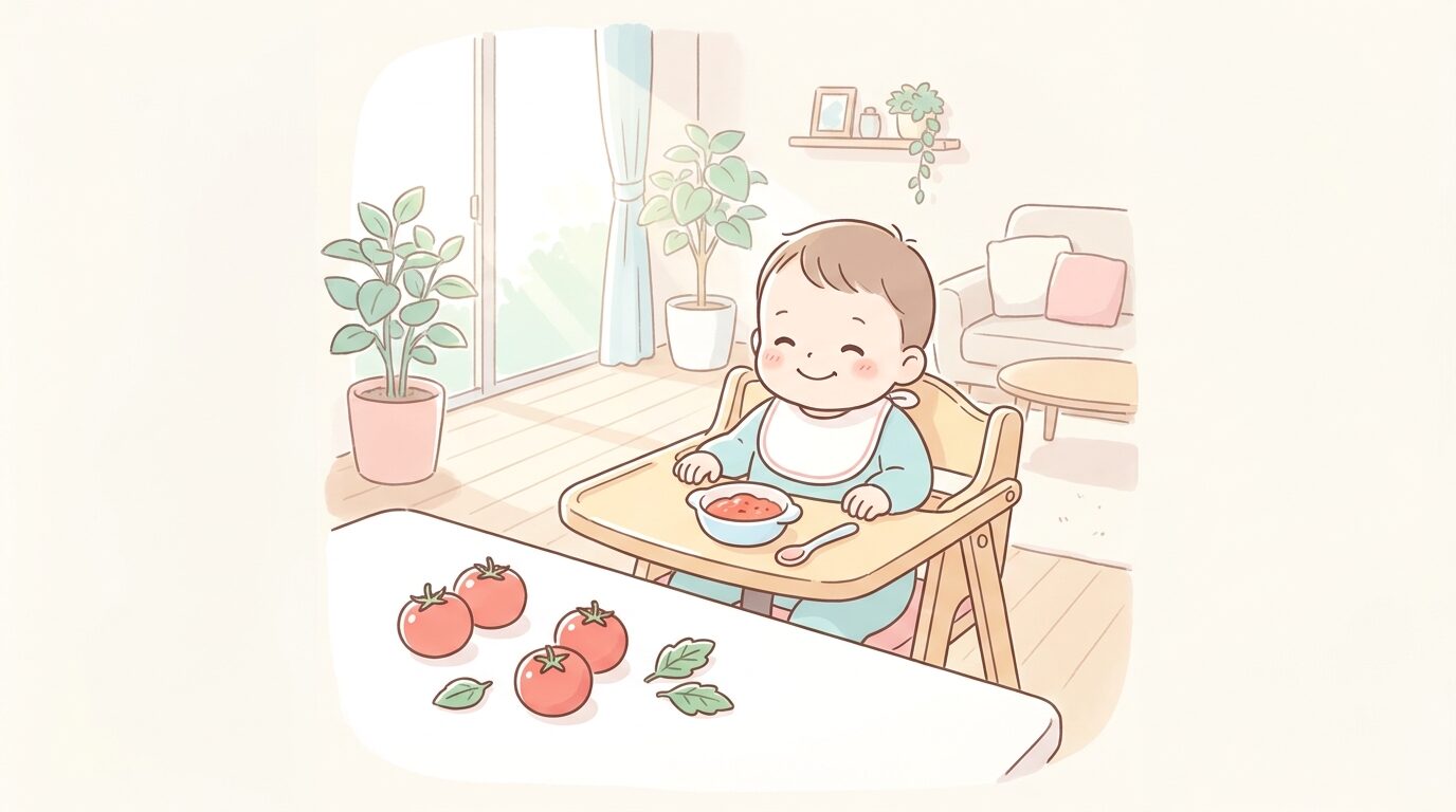 ベビーチェアに座った赤ちゃんがトマトの離乳食を笑顔で食べている、明るいダイニングの風景