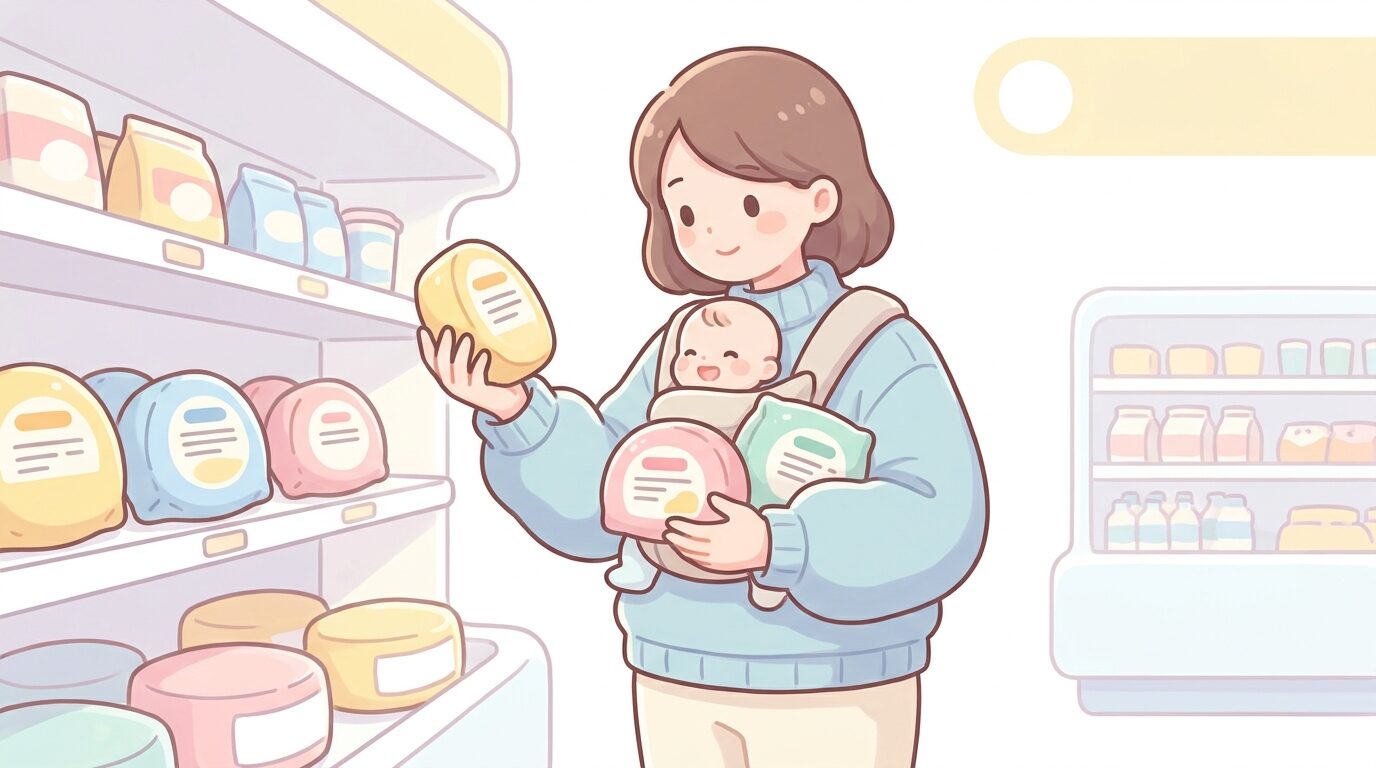 スーパーの乳製品コーナーで複数の種類のチーズを手に取り原材料表示を確認する母親の様子