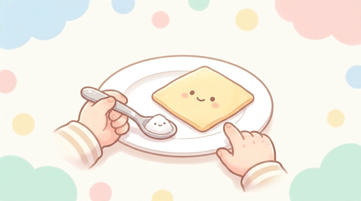 小さじスプーンに乗ったごく少量の塩と、その隣に並べたスライスチーズ一枚を見比べる構図