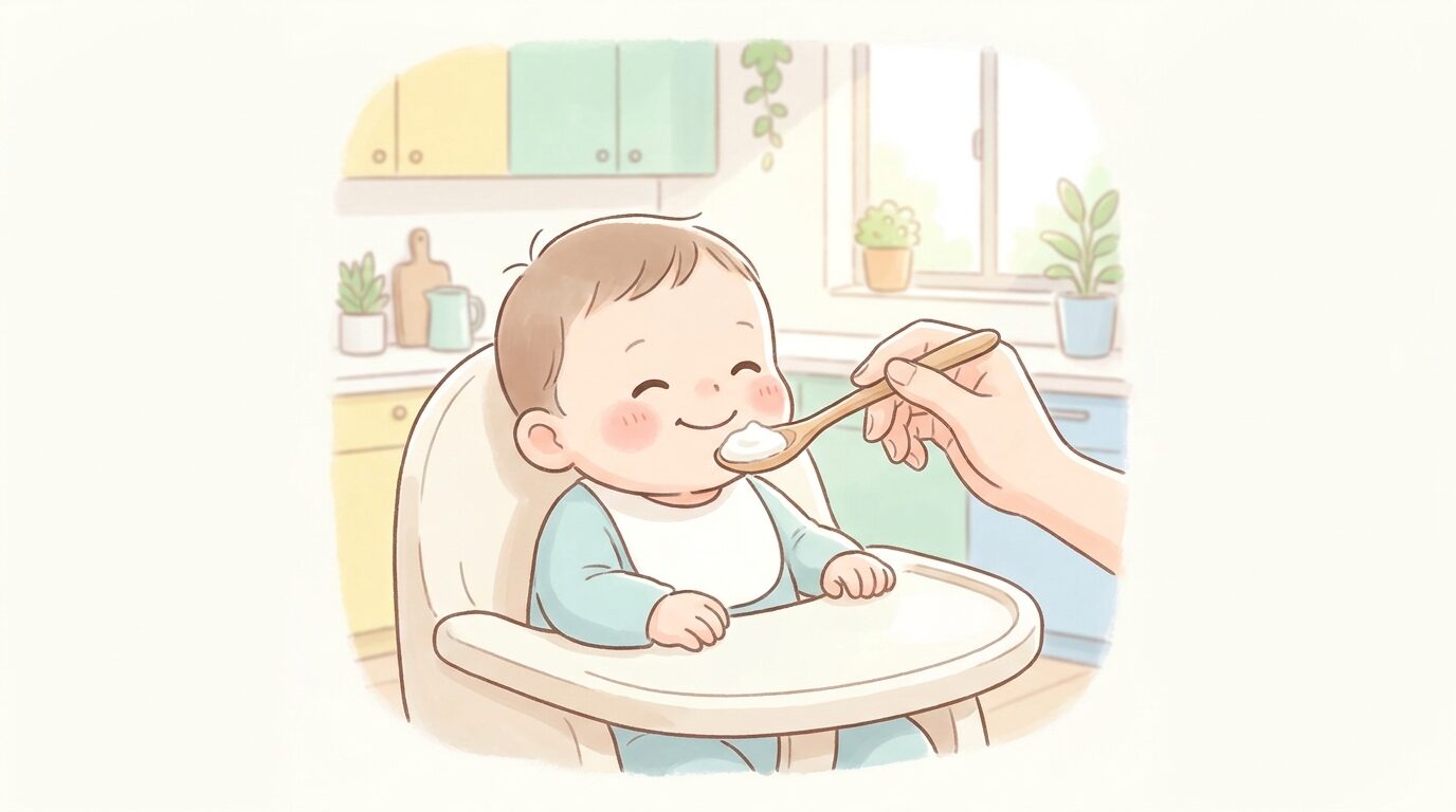ベビーチェアに座った赤ちゃんがスプーンで白いヨーグルトを口に運んでもらい笑顔を見せている、明るい朝のキッチン