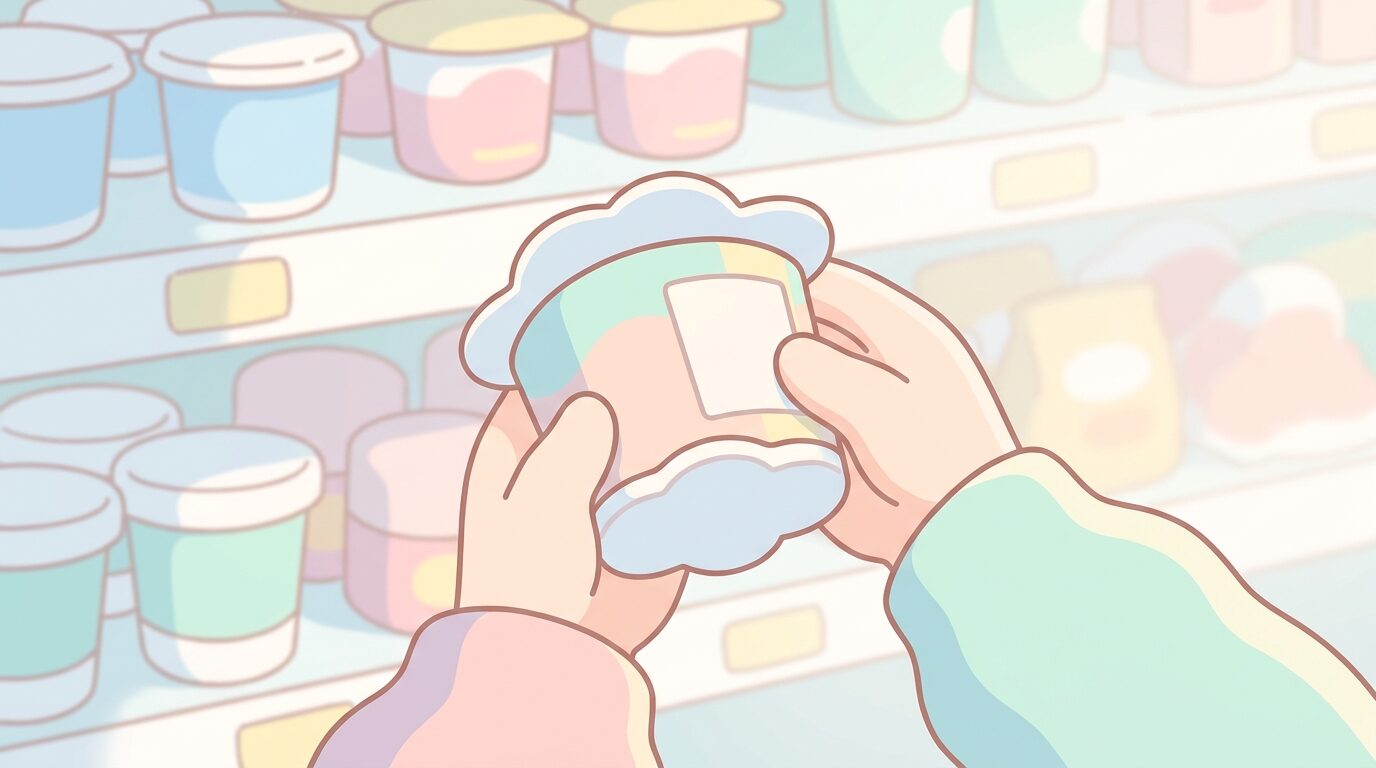 スーパーの乳製品コーナーでヨーグルトのパッケージ裏面の原材料表示を確認する母親の手元のアップ