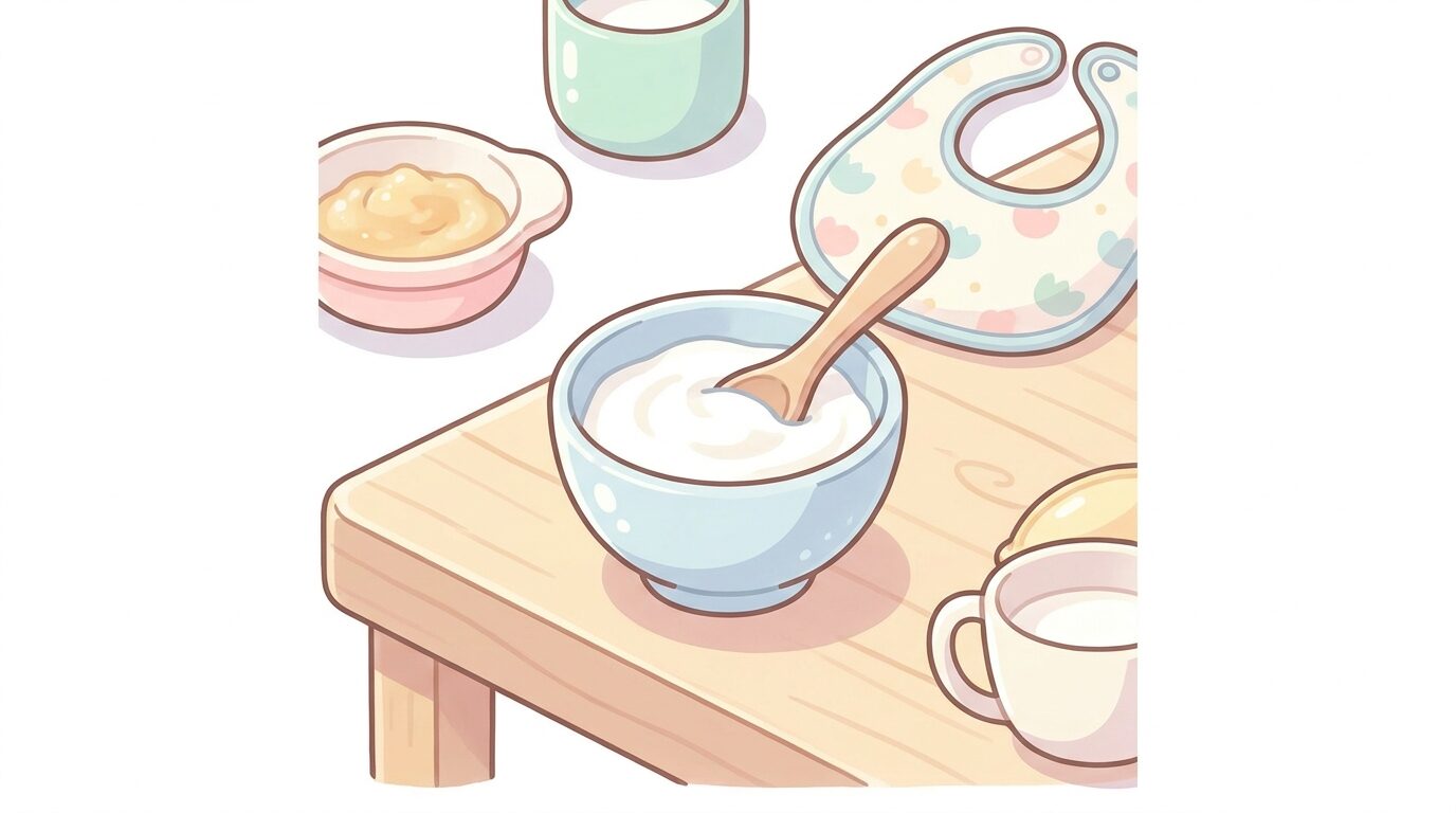 離乳食用の小さな器に入ったヨーグルトと木製スプーン、テーブルに並ぶ赤ちゃんの食事の準備風景