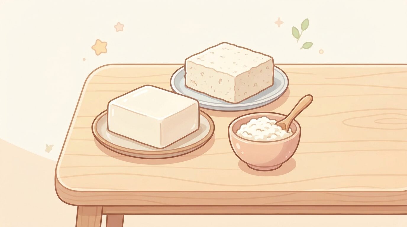 木製のテーブルに並んだ絹ごし豆腐と木綿豆腐、すりつぶした豆腐の入った離乳食用の小鉢