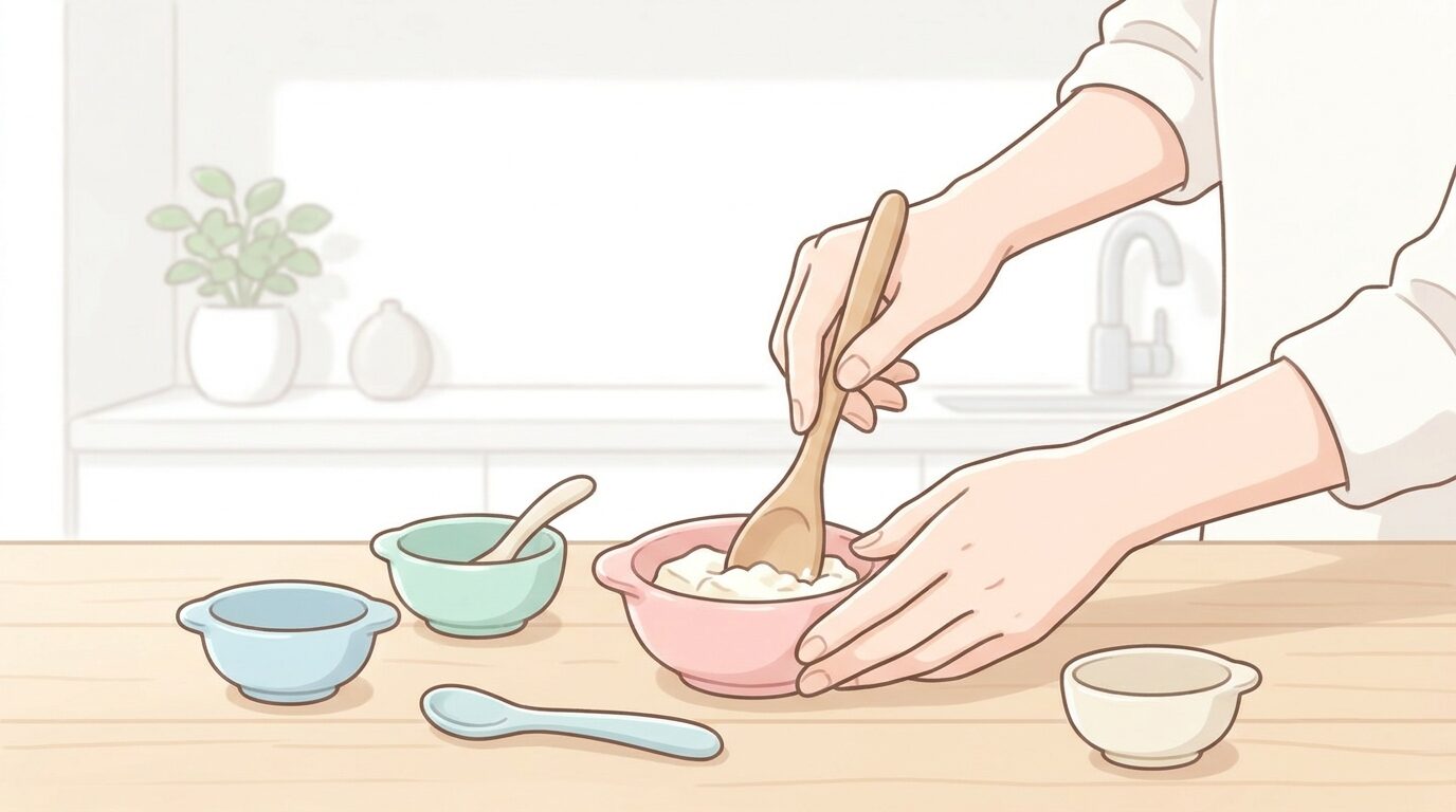 キッチンで豆腐をスプーンの背でつぶす親の手元と離乳食用の小皿