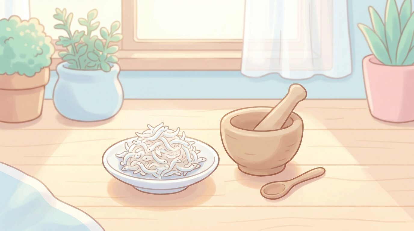 白い小皿に盛られた釜揚げしらすと、離乳食用の小さなすり鉢が並ぶ明るいキッチンのテーブル