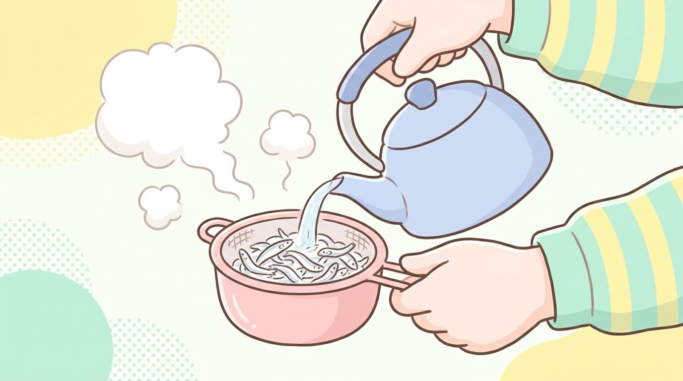 茶こしに入れたしらすに熱湯を回しかけている手元のクローズアップ、湯気が立っている様子
