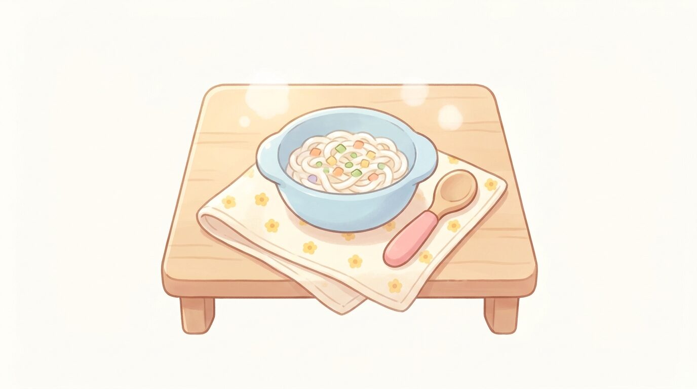 木製のテーブルに置かれた小さな器に入った細かく刻んだうどんと、赤ちゃん用スプーンの優しい雰囲気の写真