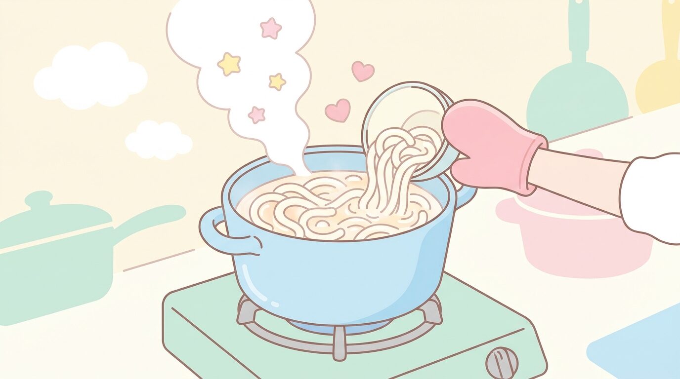 キッチンで鍋に細めのうどんを入れて柔らかく茹でている様子と、湯気の立つ温かい雰囲気