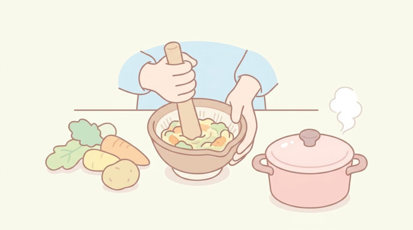 すり鉢でやわらかく煮た野菜をすりつぶす保護者の手元、湯気の立つ小鍋がそばに置かれている
