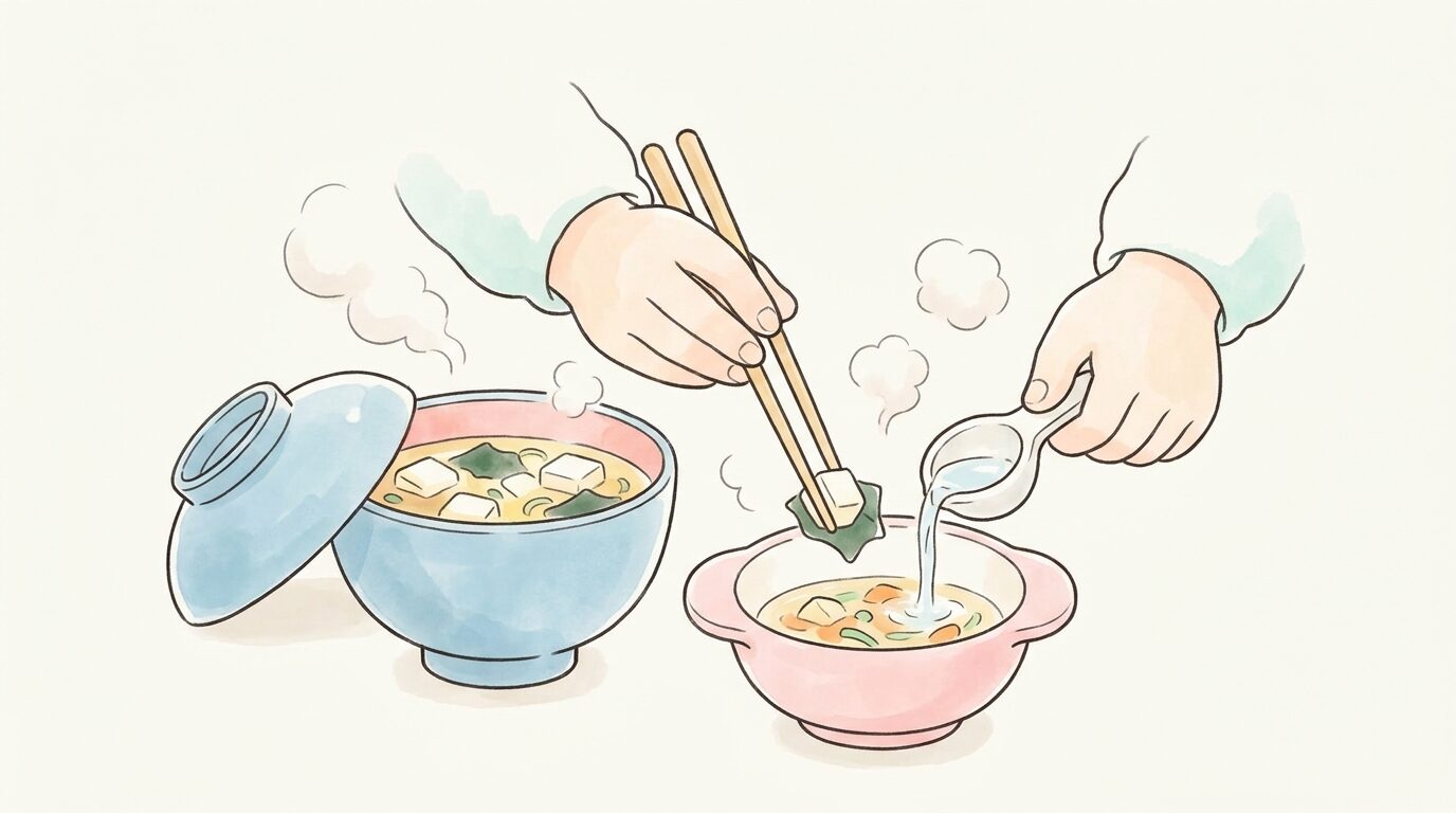 大人用の味噌汁から具材を取り分けて赤ちゃん用の小鉢に移す様子、湯で薄める計量スプーンが添えられている