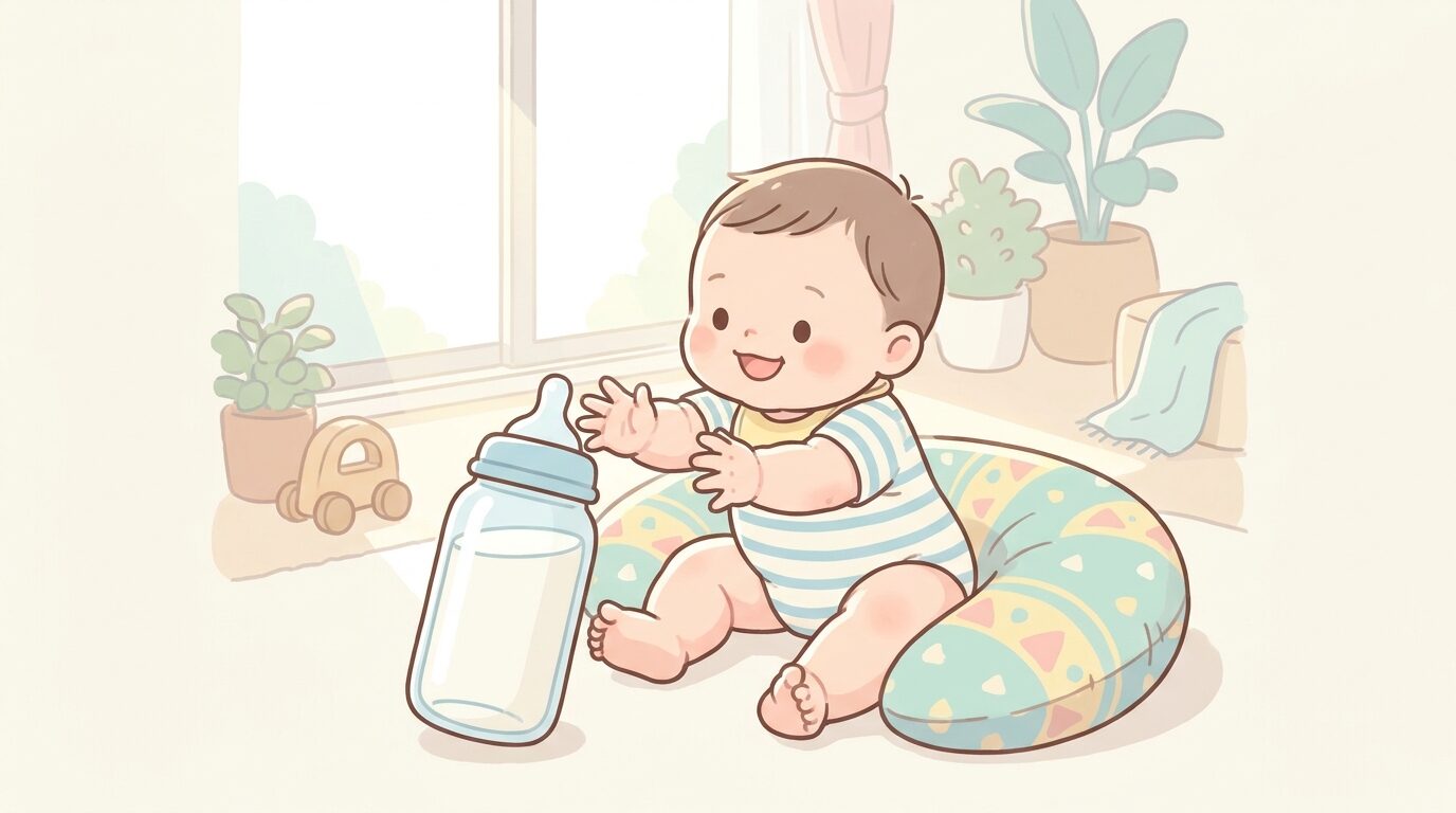 明るいリビングで授乳クッションに支えられ、小さな両手で哺乳瓶をつかもうとする生後7ヶ月ごろの赤ちゃん