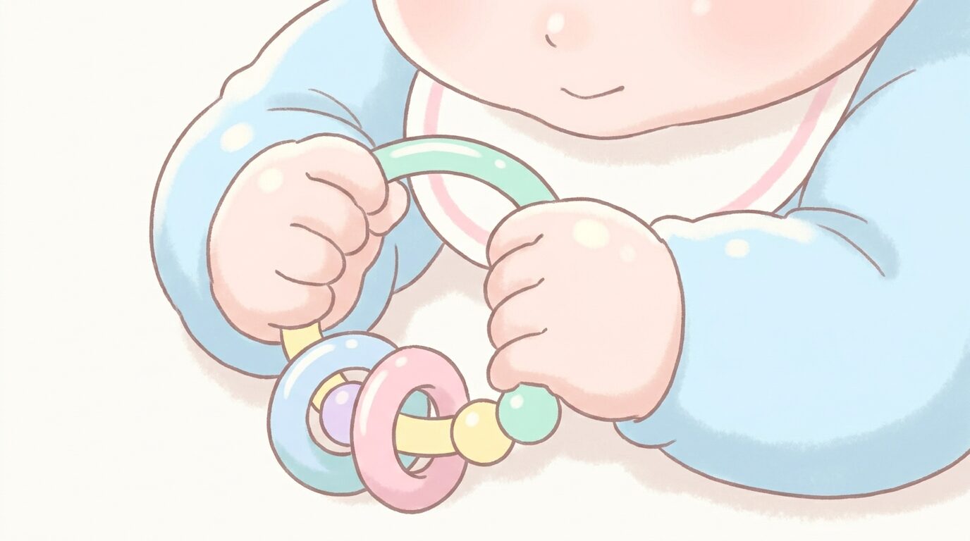 カラフルなおもちゃを手のひら全体でつかんで見つめている生後5ヶ月ごろの赤ちゃんの手元のアップ