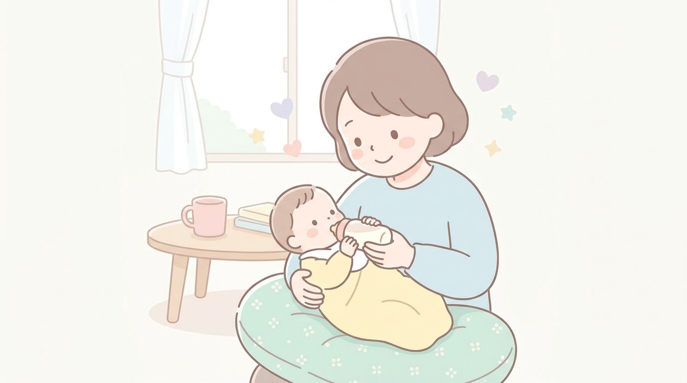 上体を起こした姿勢で赤ちゃんを抱き、優しく見守りながら授乳する親御さんの様子