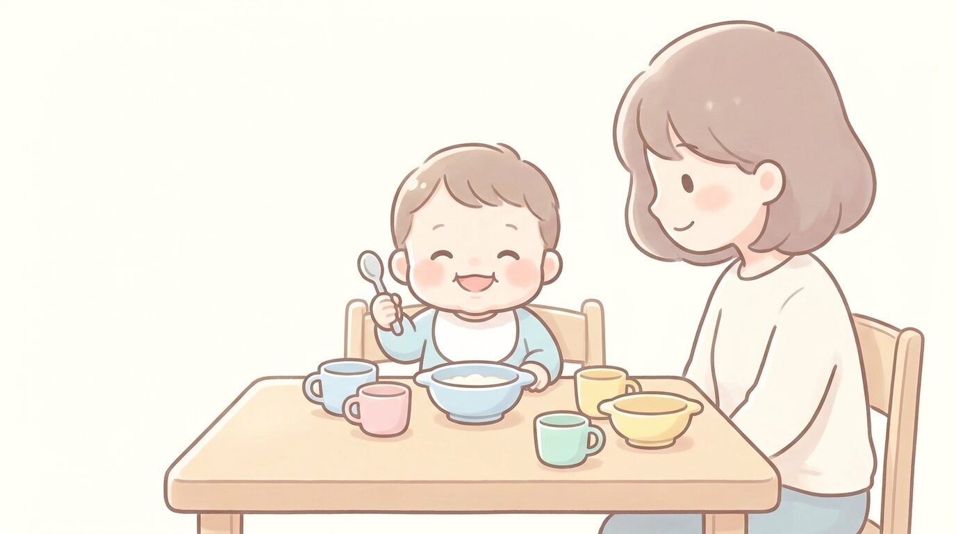 明るいダイニングで離乳食用の食器を前に笑顔でスプーンを持つ1歳前後の赤ちゃんと見守る母親