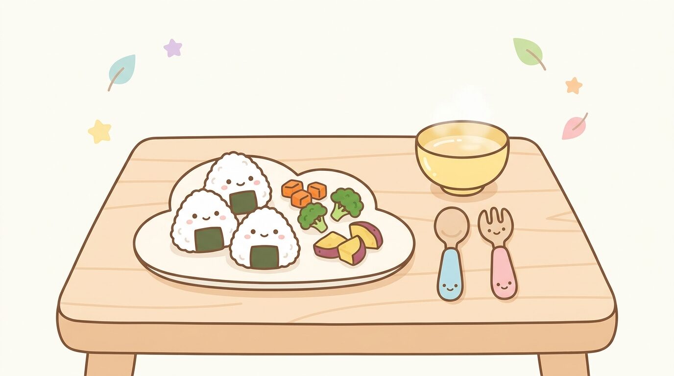 木製のテーブルに並んだ小さく切った野菜やおにぎりなどの幼児食メニューと子ども用カトラリー