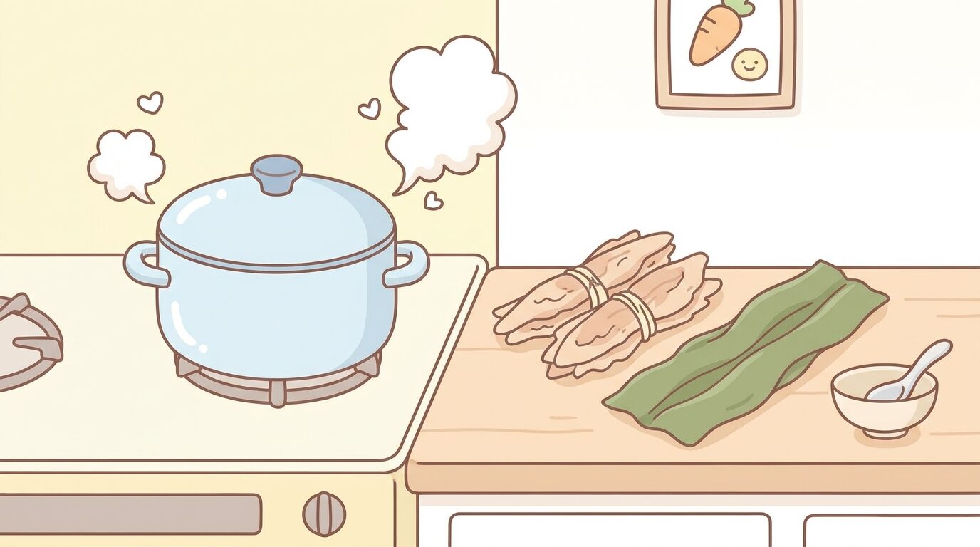 だしを取った鍋から立ちのぼる湯気とかつお節や昆布が並ぶ温かみのあるキッチンの様子