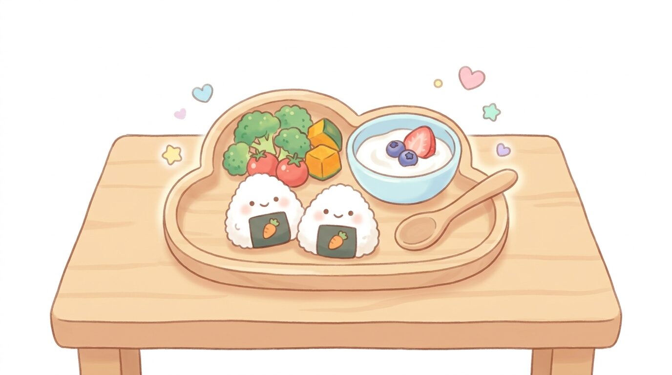 木製のテーブルに並んだ1歳児向けの朝食プレート、おにぎりと茹で野菜、ヨーグルトが彩りよく盛り付けられている明るい雰囲気