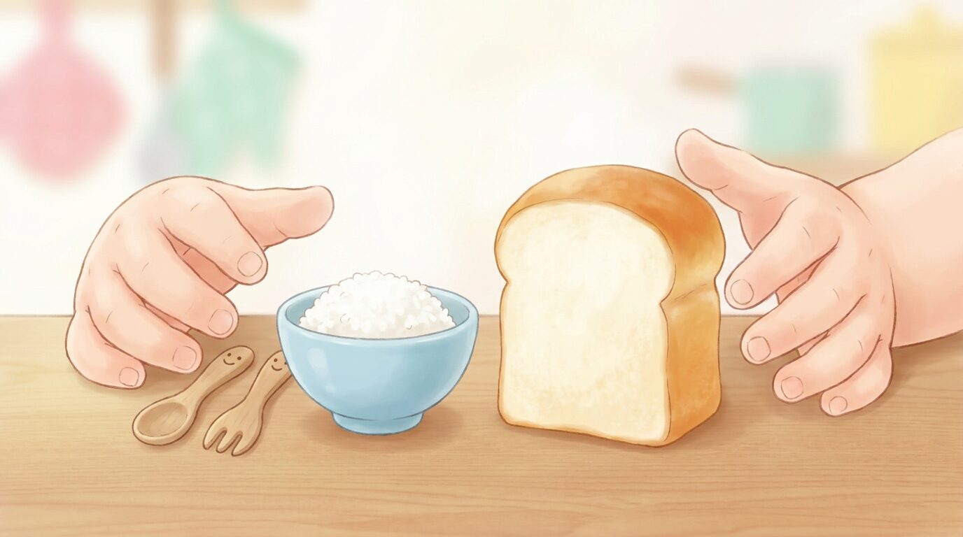 子ども茶碗に盛られたごはんと8枚切りの食パンを並べて量を比較している、手元のクローズアップ写真