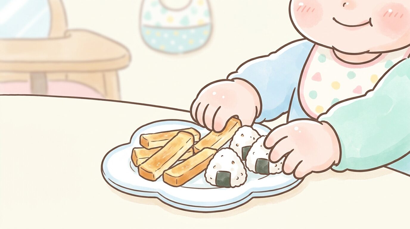 スティック状のトーストと一口おにぎりを小さな手でつかんで食べようとしている1歳児の様子
