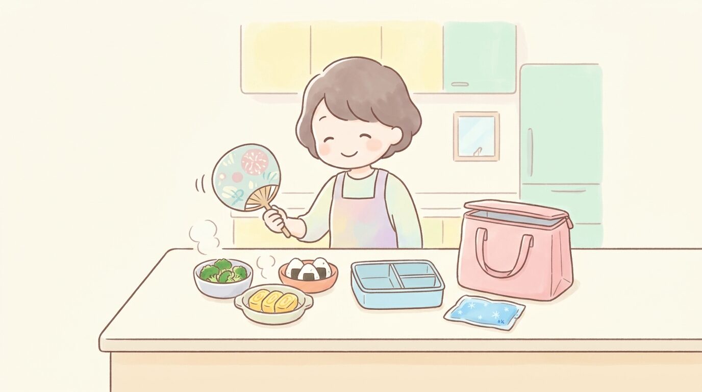 キッチンで作りたてのお弁当のおかずをうちわで冷ましてから詰める準備をしている様子と、横に置かれた保冷剤と保冷バッグ