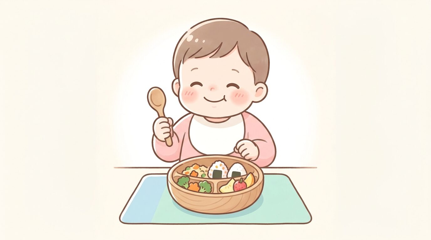 木製の子ども用食器に盛り付けられたカラフルな幼児食と、笑顔でスプーンを持つ1歳児