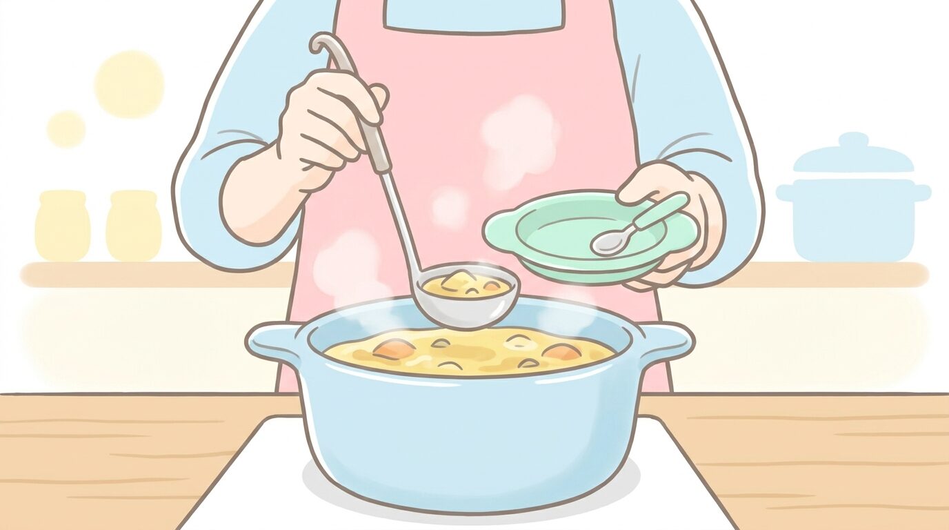 キッチンで大人用の鍋から子ども用の小皿に料理を取り分ける母親の手元