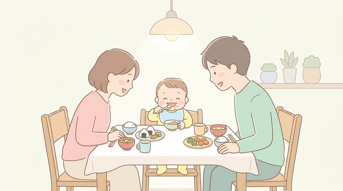 ダイニングテーブルで家族が一緒に食事を囲み、楽しそうに食べる1歳児の様子