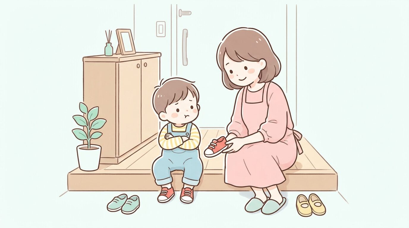 玄関で靴を履くのを嫌がって座り込む1歳の子どもと、優しく見守る母親