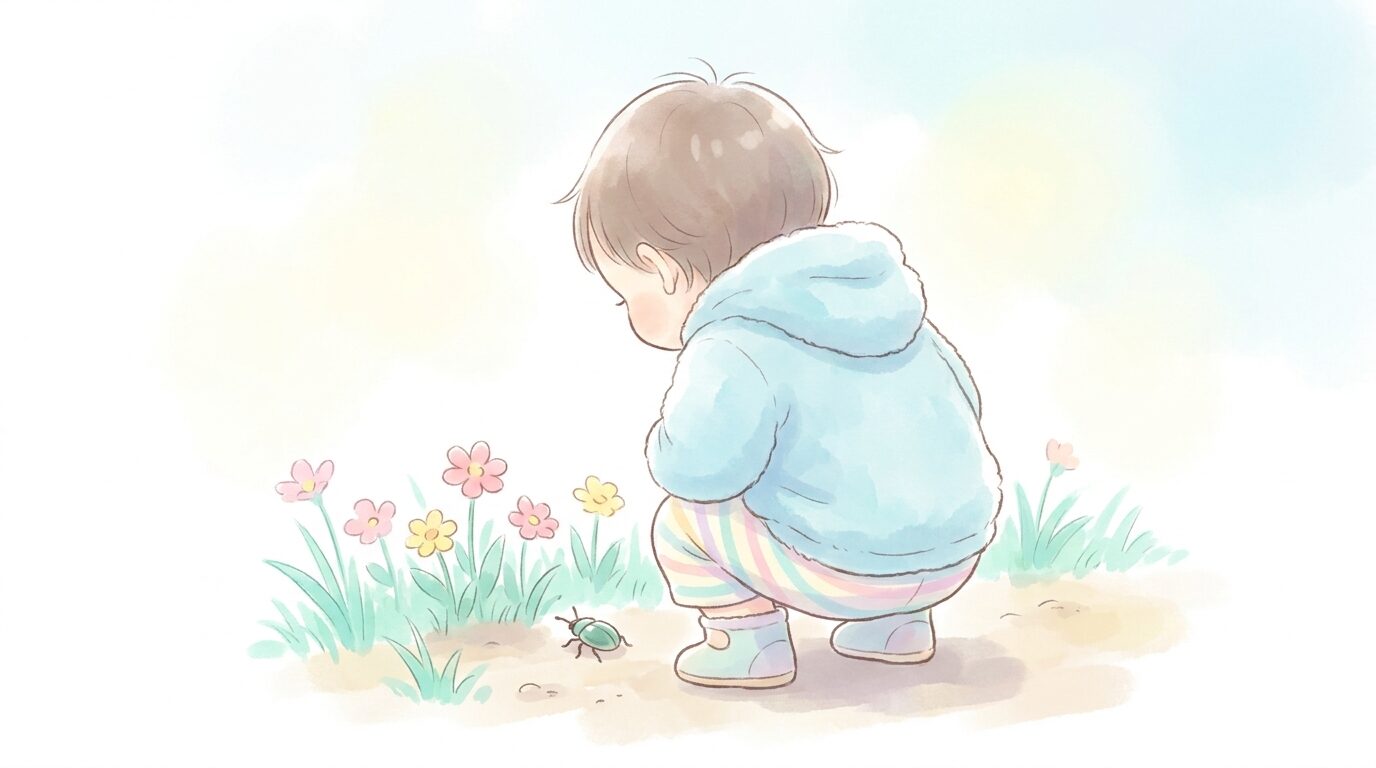 しゃがみ込んで道端の草花や小さな虫をじっと観察する1歳の子どもの後ろ姿