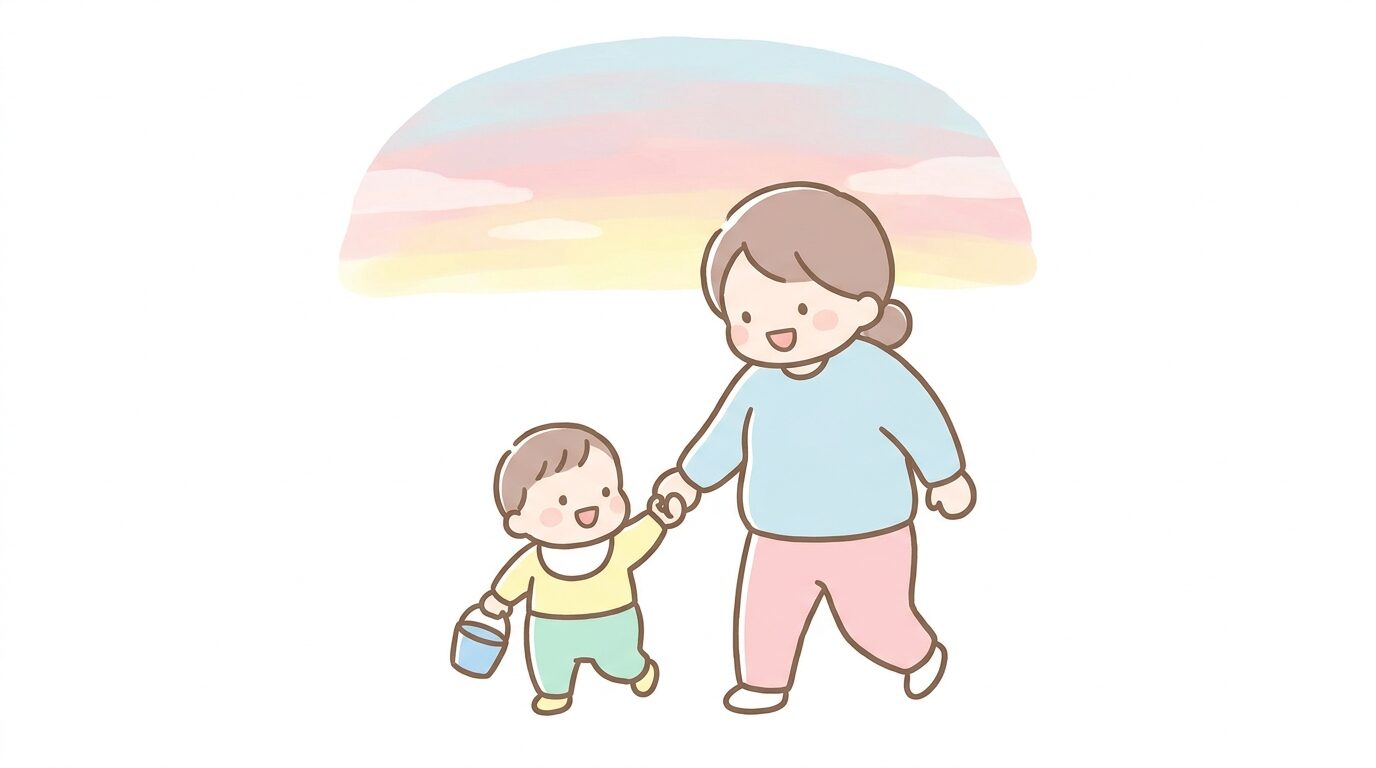 夕焼け空の下、小さなバケツを持って楽しそうに歩く1歳の子と手をつなぐ親