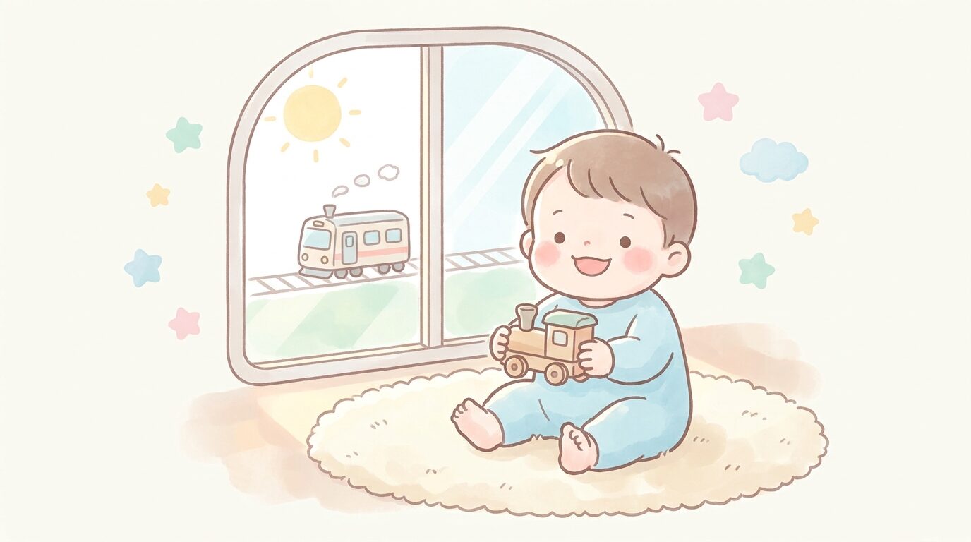 窓際で電車のおもちゃを手に取り、嬉しそうに笑う1歳の男の子