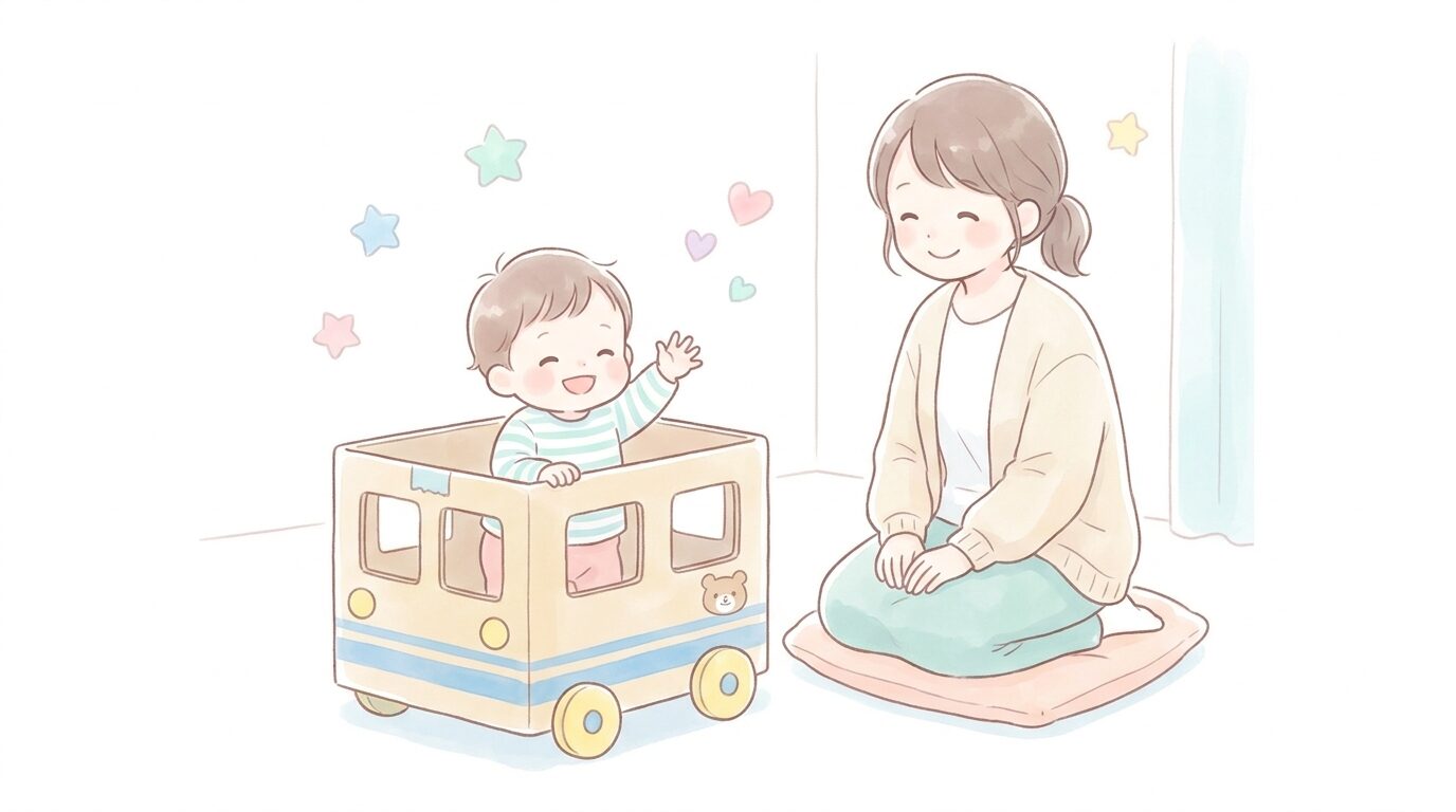 段ボールで作った手作り電車に入って笑顔で遊ぶ1歳児とそれを見守る母親