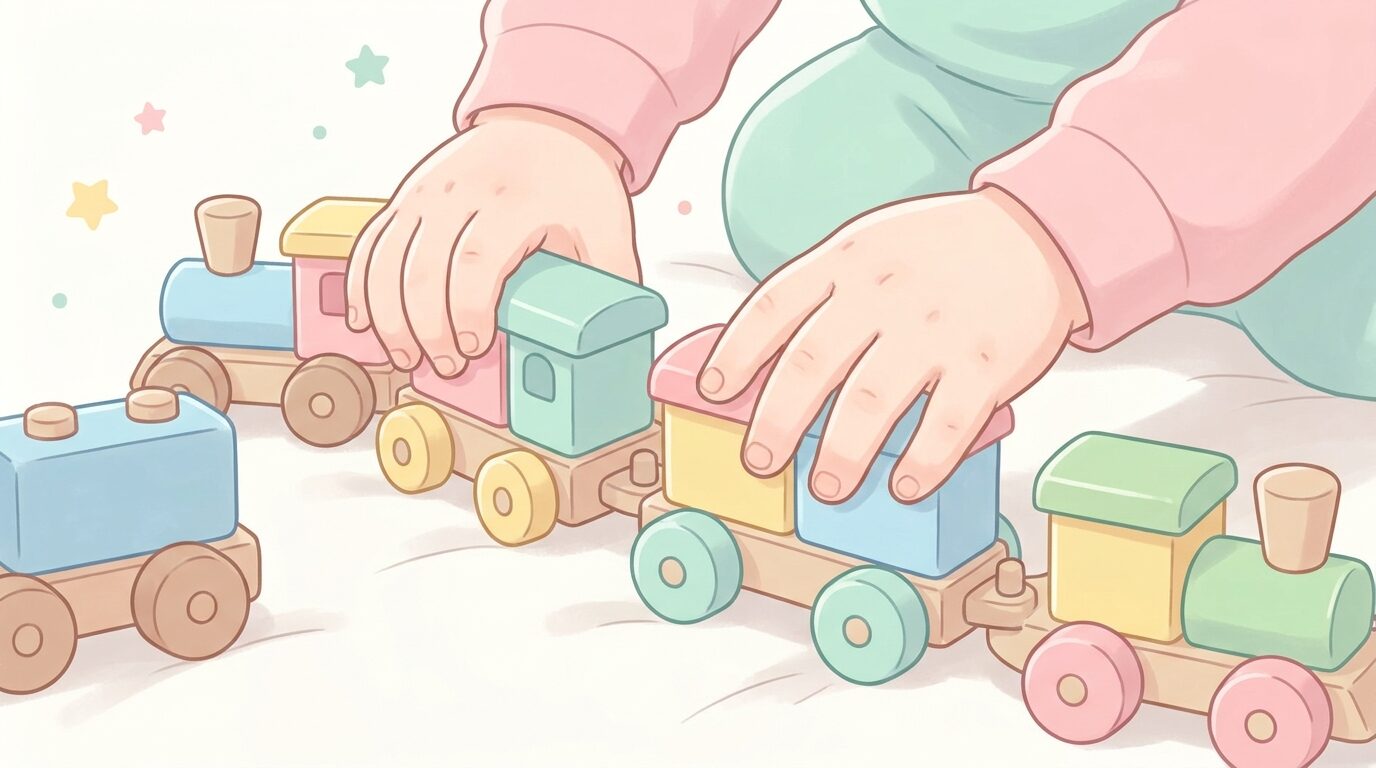 カラフルな木製の電車おもちゃを並べて遊ぶ1歳児の手元のアップ