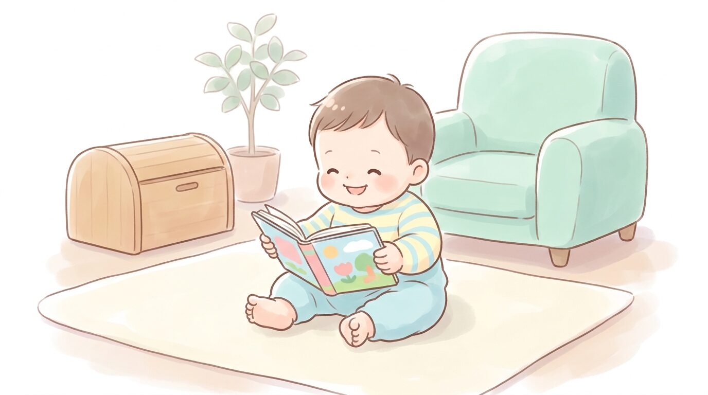 リビングの床に座り、両手で絵本を持って嬉しそうに見つめる1歳くらいの赤ちゃん