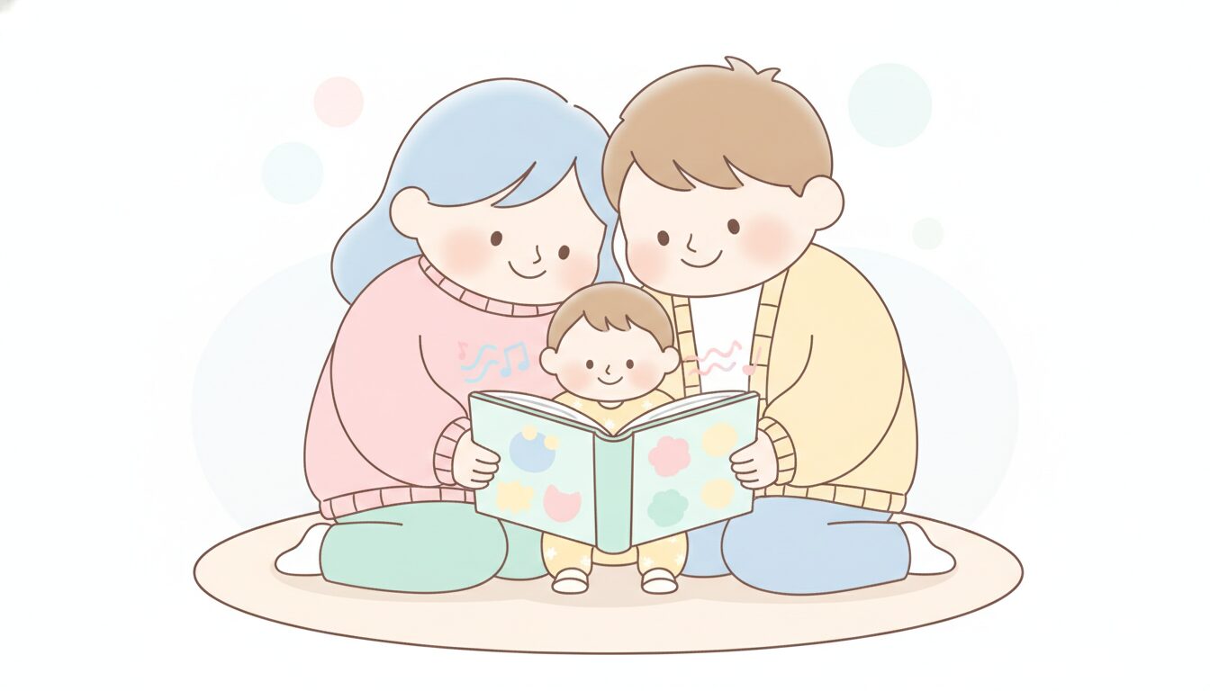 親子で寄り添いながらリズミカルな絵本を声に出して読む温かい家庭のシーン